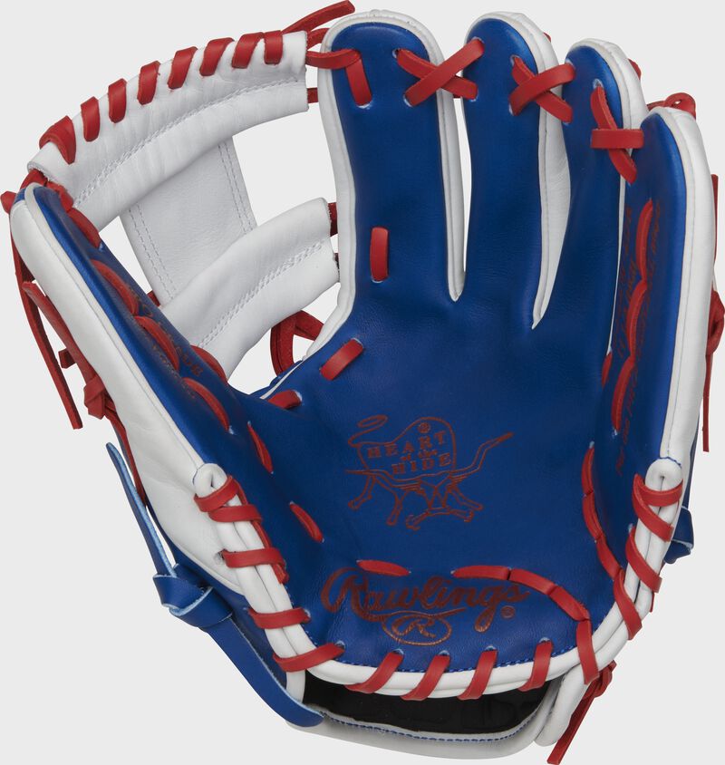 PRO204W-2DR Rawlings Heart of the Hide Dominican Republic glove with a royal palm, white web and scarlet laces