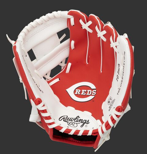 A red/white Rawlings Cincinnati Reds youth glove with a Reds logo stamped in the palm - SKU: 22000023111