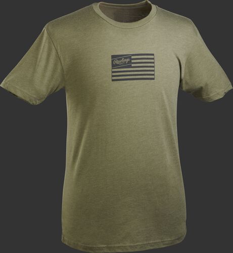 A dark green Rawlings American flag short sleeve shirt with a black print flag