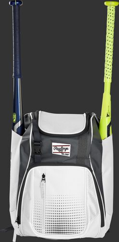 Front of a white Rawlings Franchise baseball backpack with two bats in the side sleeves - SKU: FRANBP-W