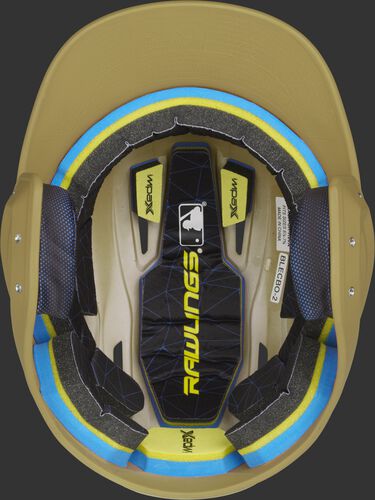Inside of a Rawlings MACH baseball helmet with IMPAX durable foam padding