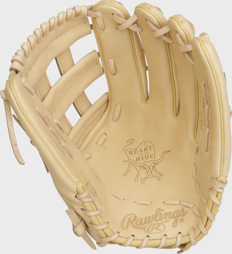 Palm of an all-camel Rawlings Heart of the Hide R2G outfield glove with camel laces - SKU: RSGPROR3319-6C loading=