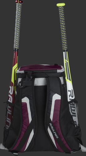 Back of a black/maroon R500 team backpack with two bats in the side sleeves