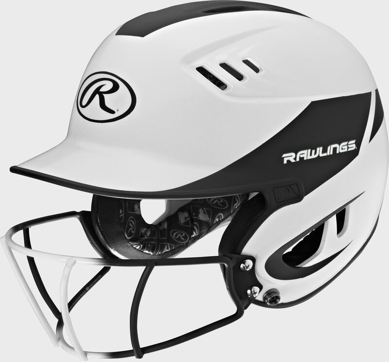 A white/black R16H2FGS Velo senior batting helmet with a white/black facemask