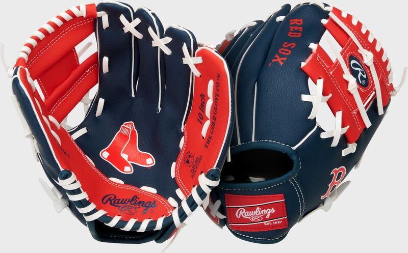 Two images showing the palm & back of a navy/red Boston Red Sox team logo youth glove