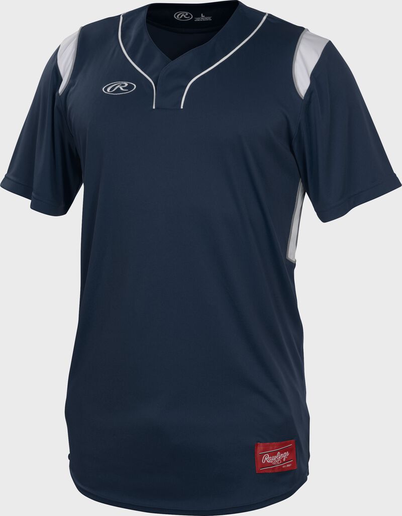 A navy Rawlings short sleeve hidden button jersey with white shoulder inserts - SKU: HBJ-N