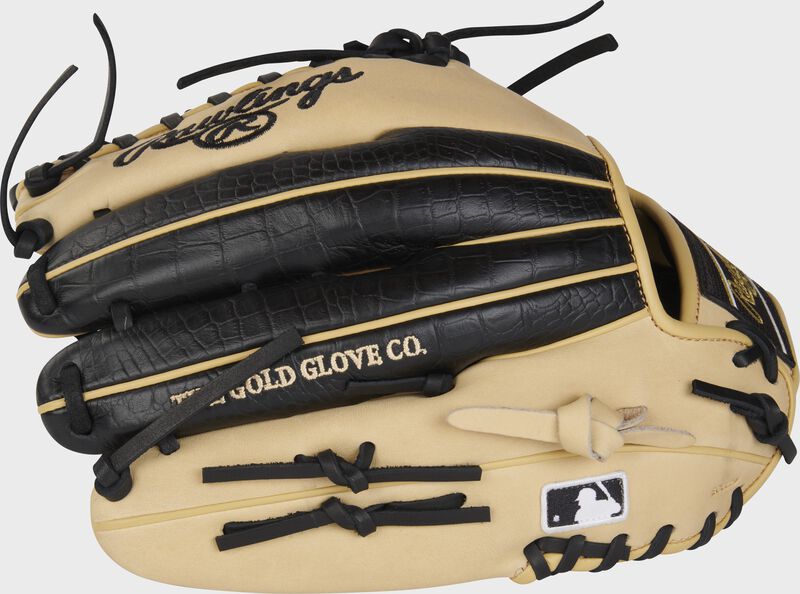 Back of a camel with black croc embossed leather back of a HOH R2G glove with the MLB logo on the pinky - SKU: PROR3039-22CB