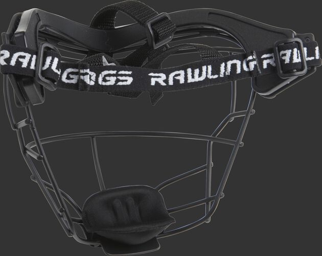 Back and Side of Rawlings Black Softball Fielders Mask With Brand Name Strap SKU #RSBFMJ-B