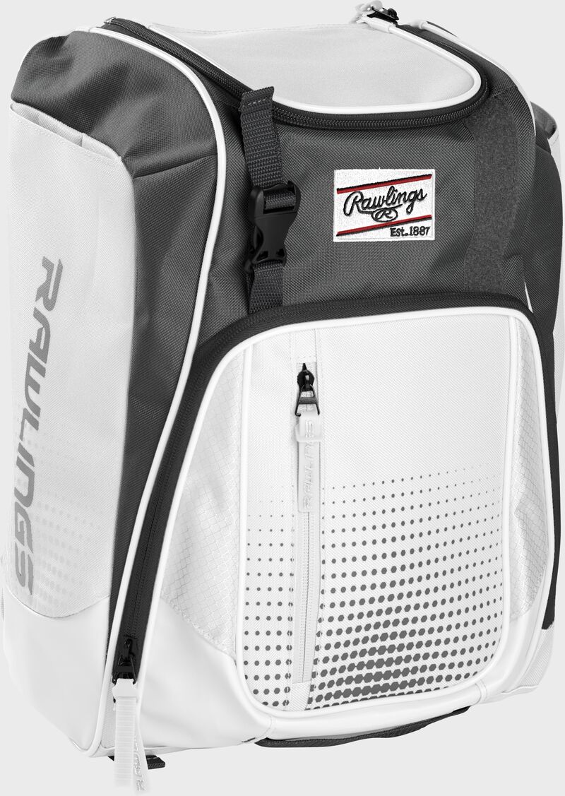 Front left angle of a white Rawlings Franchise bag with gray accents - SKU: FRANBP-W