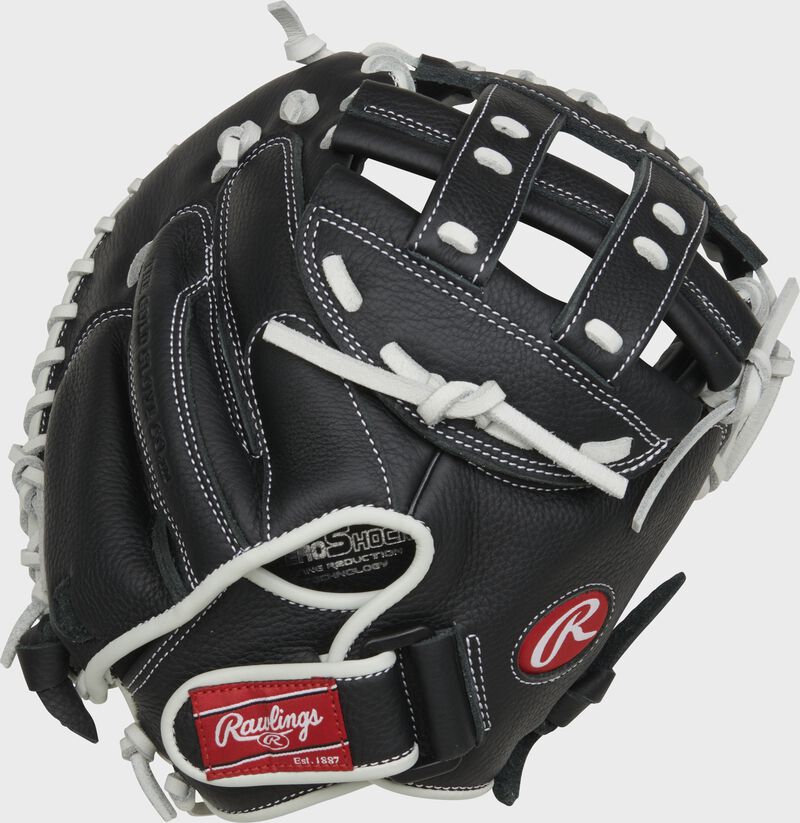 Back of a black Shut Out 31.5" catcher's mitt with a Velcro strap back - SKU: RSO315BW