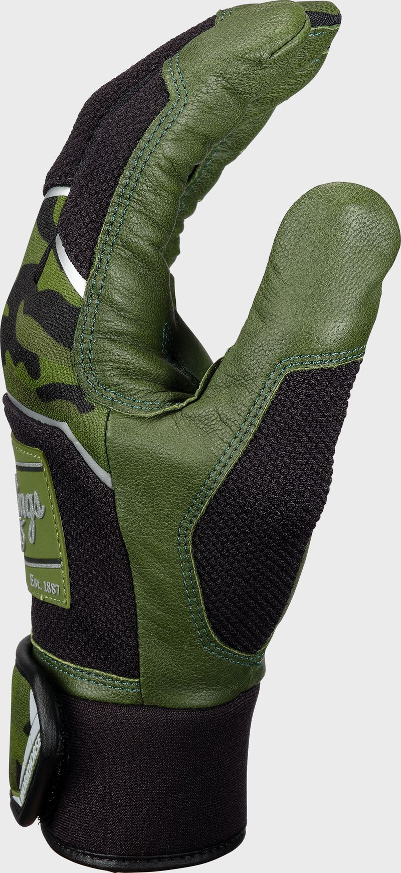 Green/black thumb of a camo Workhorse batting glove - SKU: WH22BG-AC