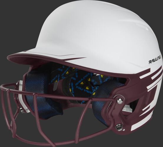 Front left of a white/maroon Mach softball helmet with a maroon mask - SKU: MSB13S-W/MA