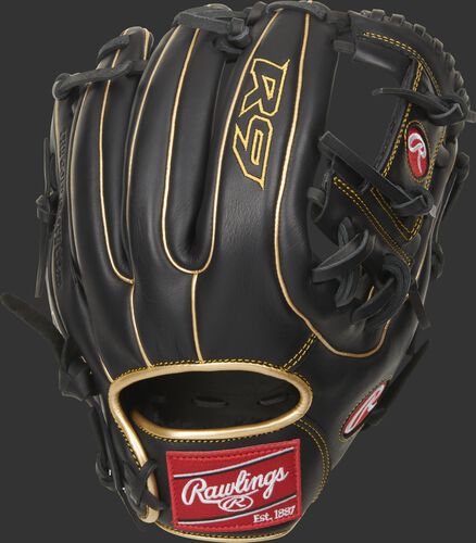 Black back of a R9 series I-web infield glove with gold double welting and red Rawlings patch - SKU: R9314-2BG