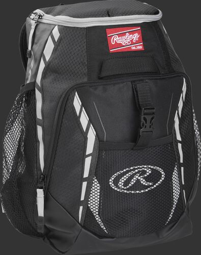Side angle of a black R400 Rawlings youth players backpack with a Rawlings patch logo and Gray Oval R logo