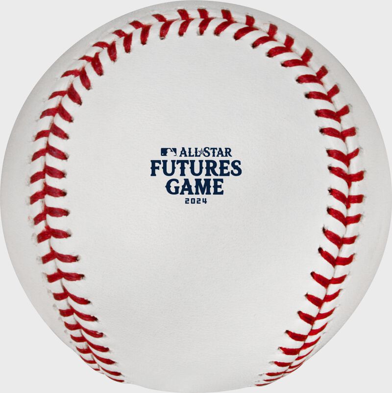 The 2024 All-Star Futures Game logo stamped on a white baseball