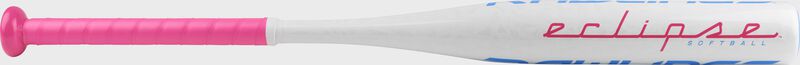 Barrel of a white FP8E12 2018 Eclipse softball bat with pink grip