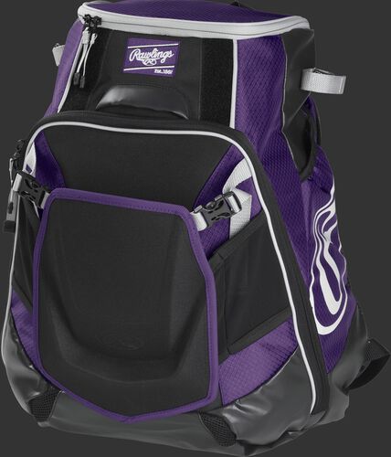 Front left of a purple VELOBK Rawlings Velo equipment backpack with an Oval R logo on the side compartment