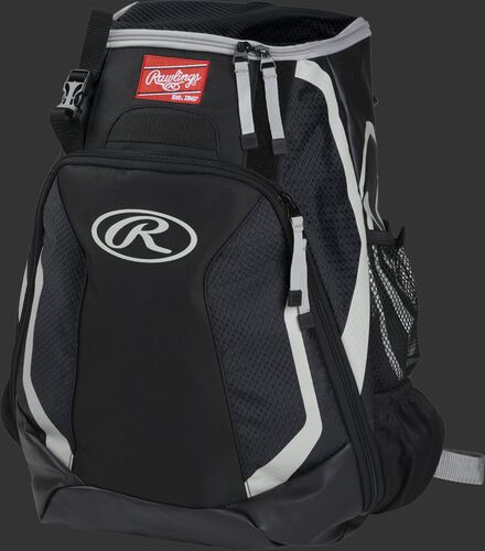 Left side of a black R500 Players team backpack with white trim