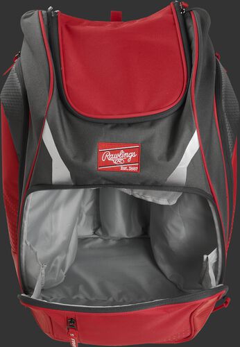 A scarlet Legion gear backpack with the main compartment open - SKU: LEGION-S