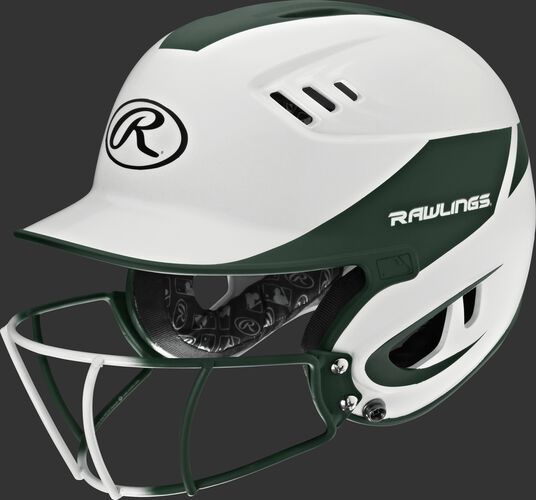 A white/dark green R16H2FGS Velo junior batting helmet with a white/dark green facemask