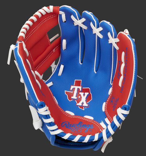 A blue/red Rawlings Texas Rangers youth glove with a Rangers logo stamped in the palm - SKU: 22000022111