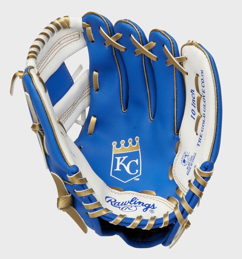 A blue/white Rawlings Kansas City Royals youth glove with the Royals logo stamped in the palm - SKU: 22000026111 loading=