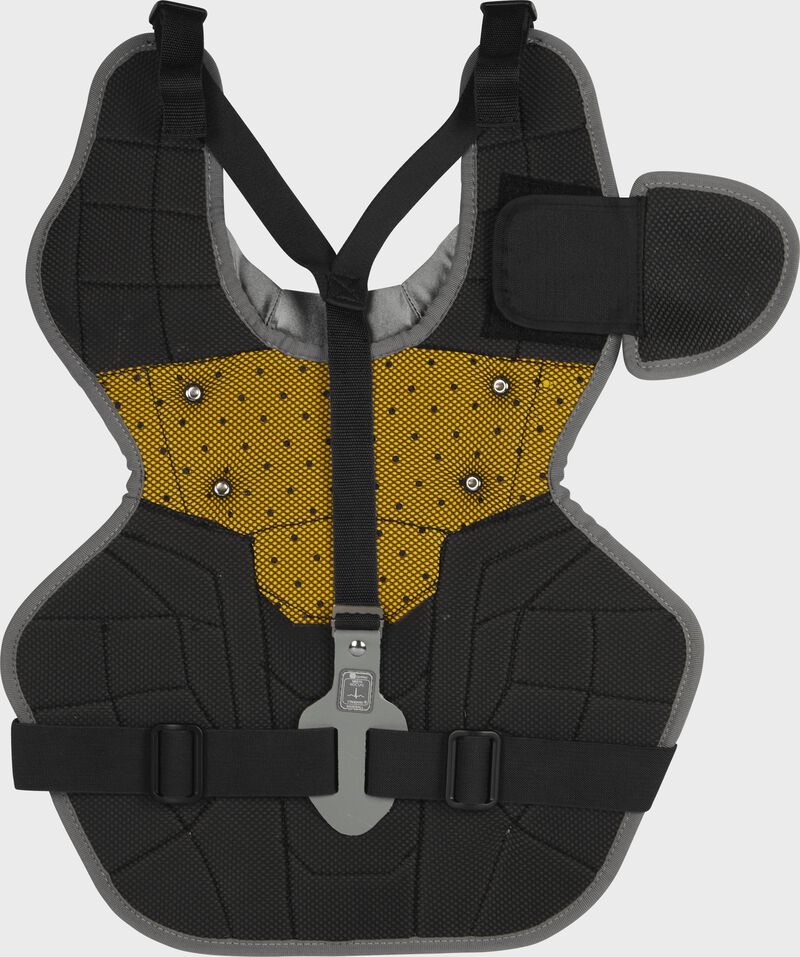 Back of a black RCSNA adult Rawlings Renegade 2.0 chest protector