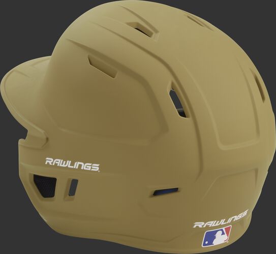 Back left view of a matte Vegas gold MACH series batting helmet with air vents