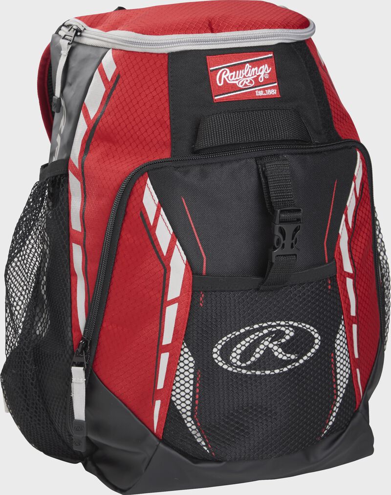 Front left view of a Scarlet Rawlings Youth Players Team Backpack | SKU:R400-S loading=