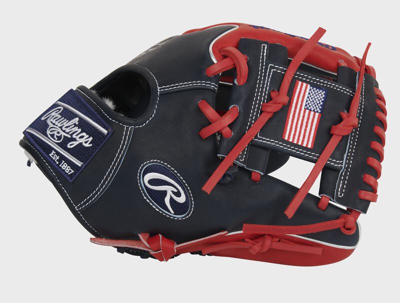 Thumb of an exclusive Pro Preferred Wing Tip glove with a USA flag on the navy I-web - SKU: PROS204W-2NS loading=