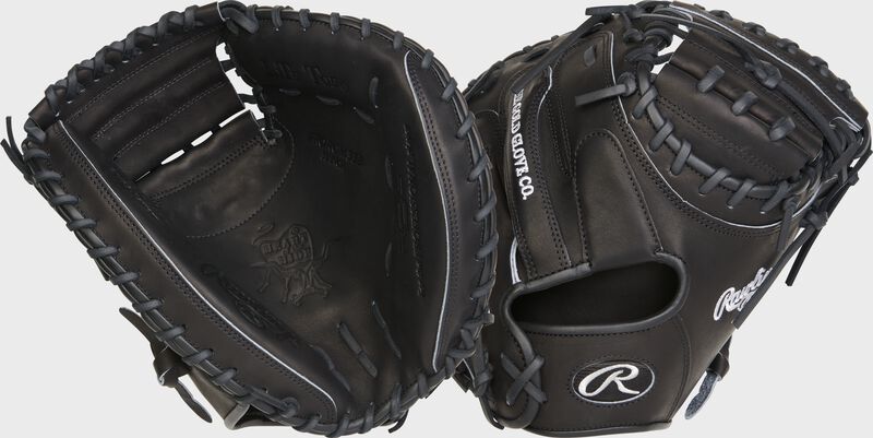 2 images showing the palm and back of a blackout HOH R2G catcher's mitt - SKU: RSGPRORCM33B