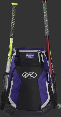 A black/purple R500 Rawlings equipment backpack with a bat on each side