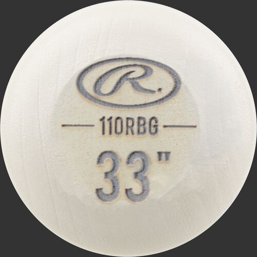 White wash knob of a Rawlings Big Stick Elite Birch bat with an engraved Oval-R and 33" size - SKU: 110RBG