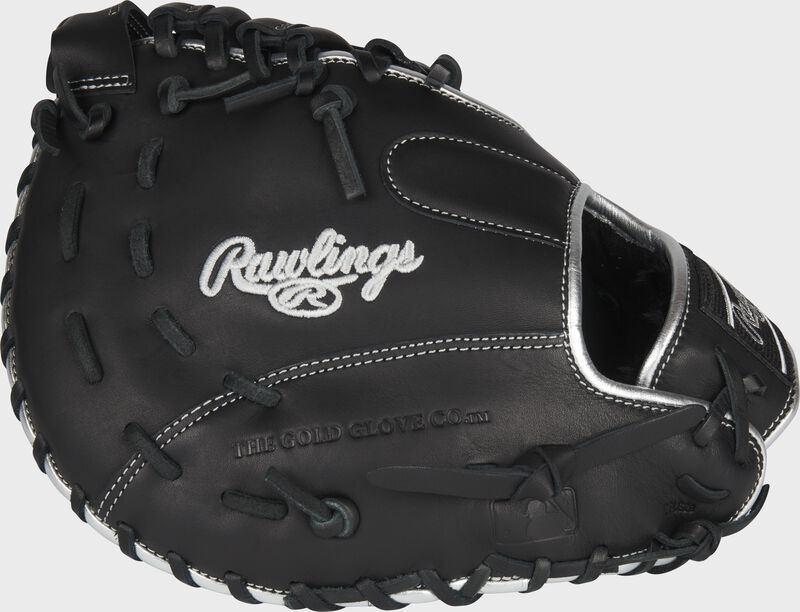 Back of a black Rawlings Encore 12-Inch first base mitt with the MLB logo on the pinky - SKU: ECFBM-10B loading=