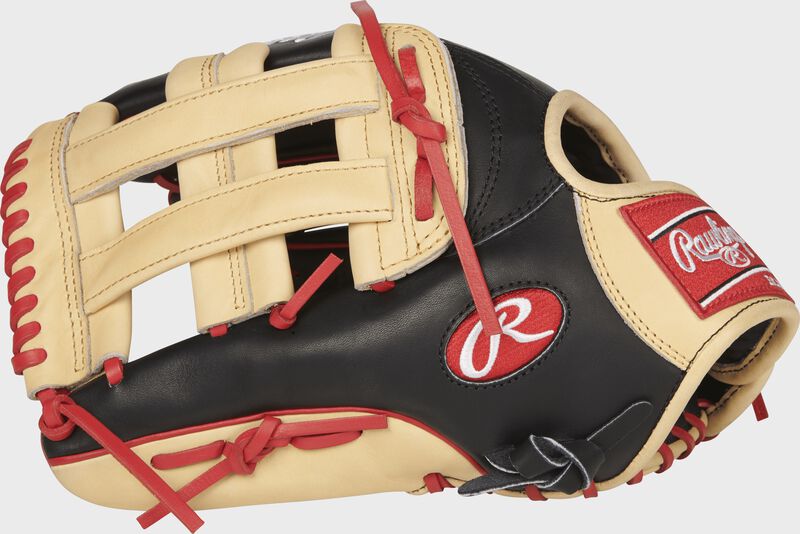 Web back view of tan, black, and red 12.75-inch Rawlings R2G outfield glove | Bryce Harper Pattern
