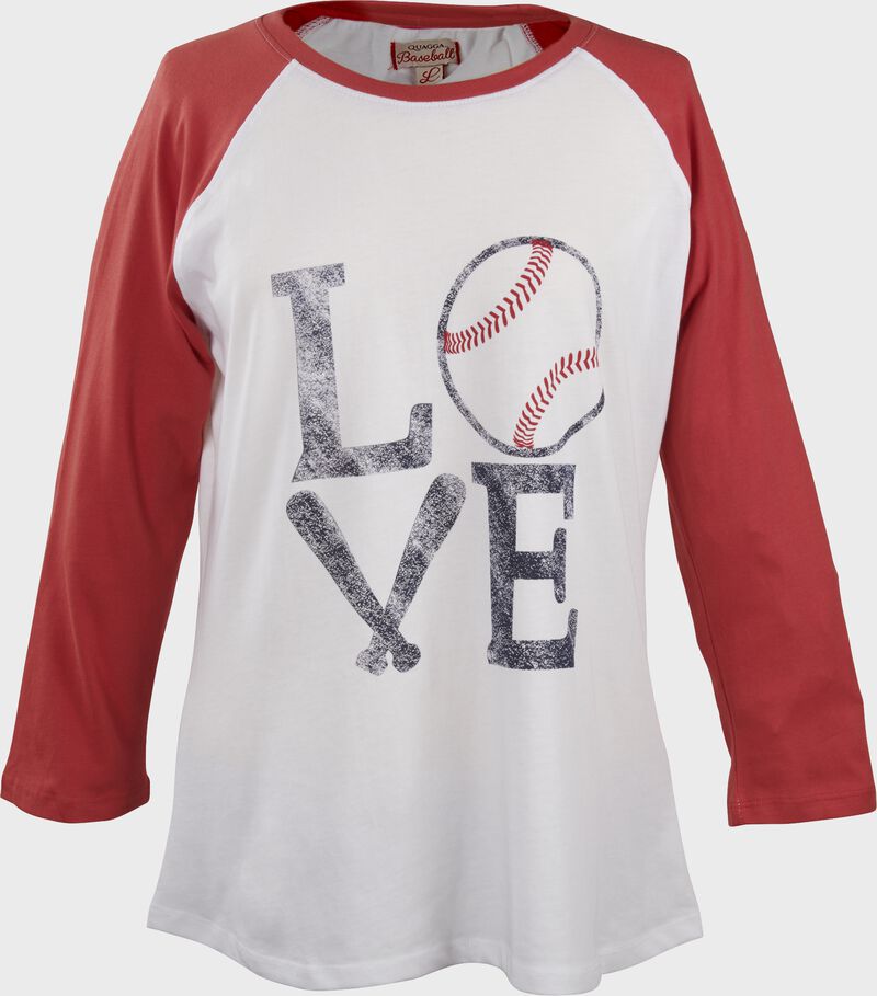 A Women's Love Baseball raglan sleeve t-shirt with red sleeves features the word love in the middle with the "O" being a baseball