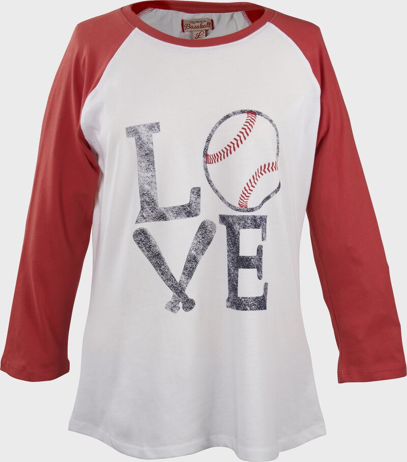 A Women's Love Baseball raglan sleeve t-shirt with red sleeves features the word love in the middle with the "O" being a baseball loading=