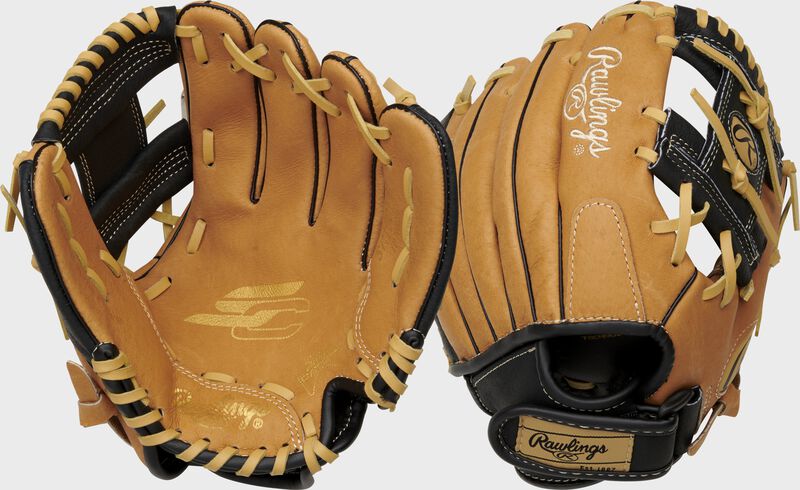 Two images showing the palm & back of a tan Sure Catch 10" youth I-web glove