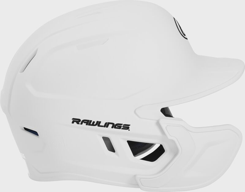 Right side of a MACHEXTL Rawlings MACH helmet with EXT extension piece for left hand batters