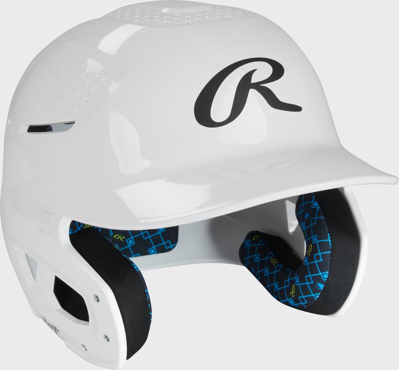 Front right of a white Rawlings RX2 gloss baseball batting helmet loading=