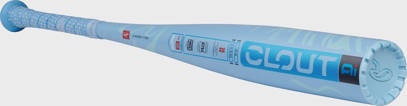 Angled view of a Rawlings Clout -8 USSSA bat with the Clout logo on the barrel