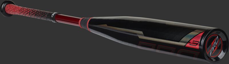 Angled view of a black Quatro Pro -3 bat with a black barrel and red Lizard Skins Grip - SKU: BB1Q3