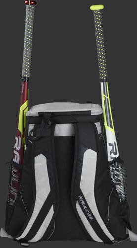 Back of a black/white R500 team backpack with two bats in the side sleeves