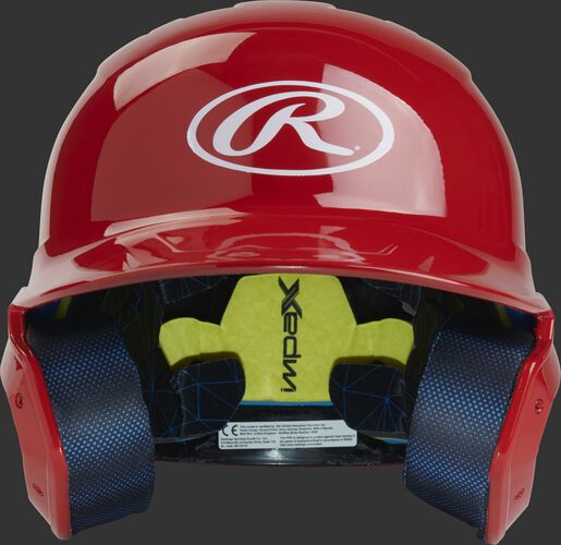 Front of a matte scarlet MACH junior size batting helmet