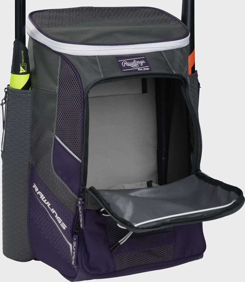 Front of a purple Rawlings Impulse backpack with the main compartment open - SKU: IMPLSE-PU