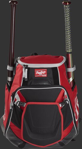 A scarlet VELOBK Velo backpack with a bat in each of the side compartments