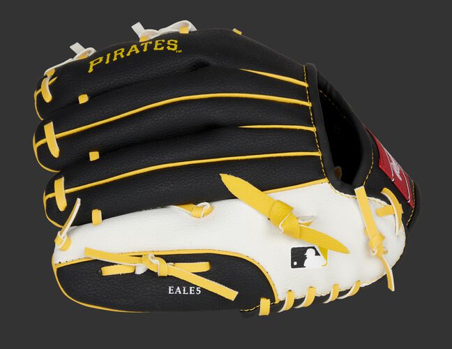Back of a black/white Pittsburgh Pirates 10-inch youth glove with the MLB logo on the pinky - SKU: 22000021111