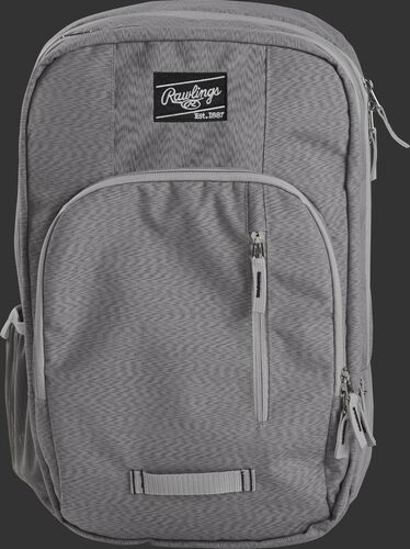 Front of a gray R700C coach's backpack with gray zippers and a black Rawlings patch