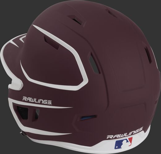 Back left view of a matte maroon/white MACH series batting helmet with air vents