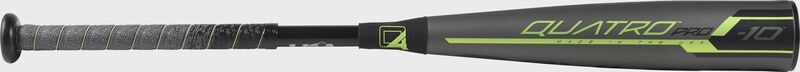 Barrel view of a US9Q10 2019 Quatro Pro USA baseball bat with a grey barrel and green/black accents